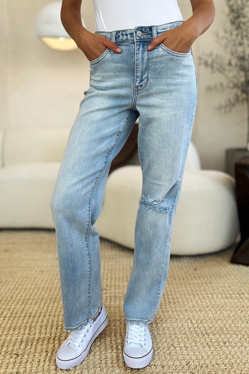 Judy Blue Full Size High Waist Distressed Straight Jeans - Rosa Apparel