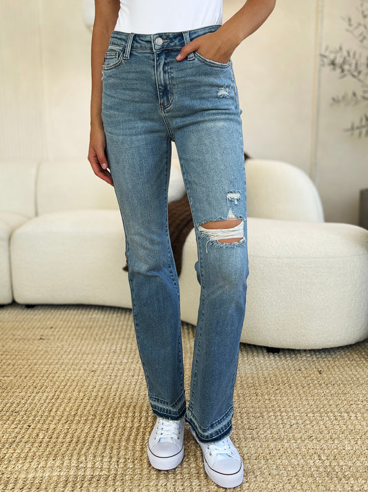 Judy Blue Full Size Mid Rise Destroyed Hem Distressed Jeans - Rosa Apparel