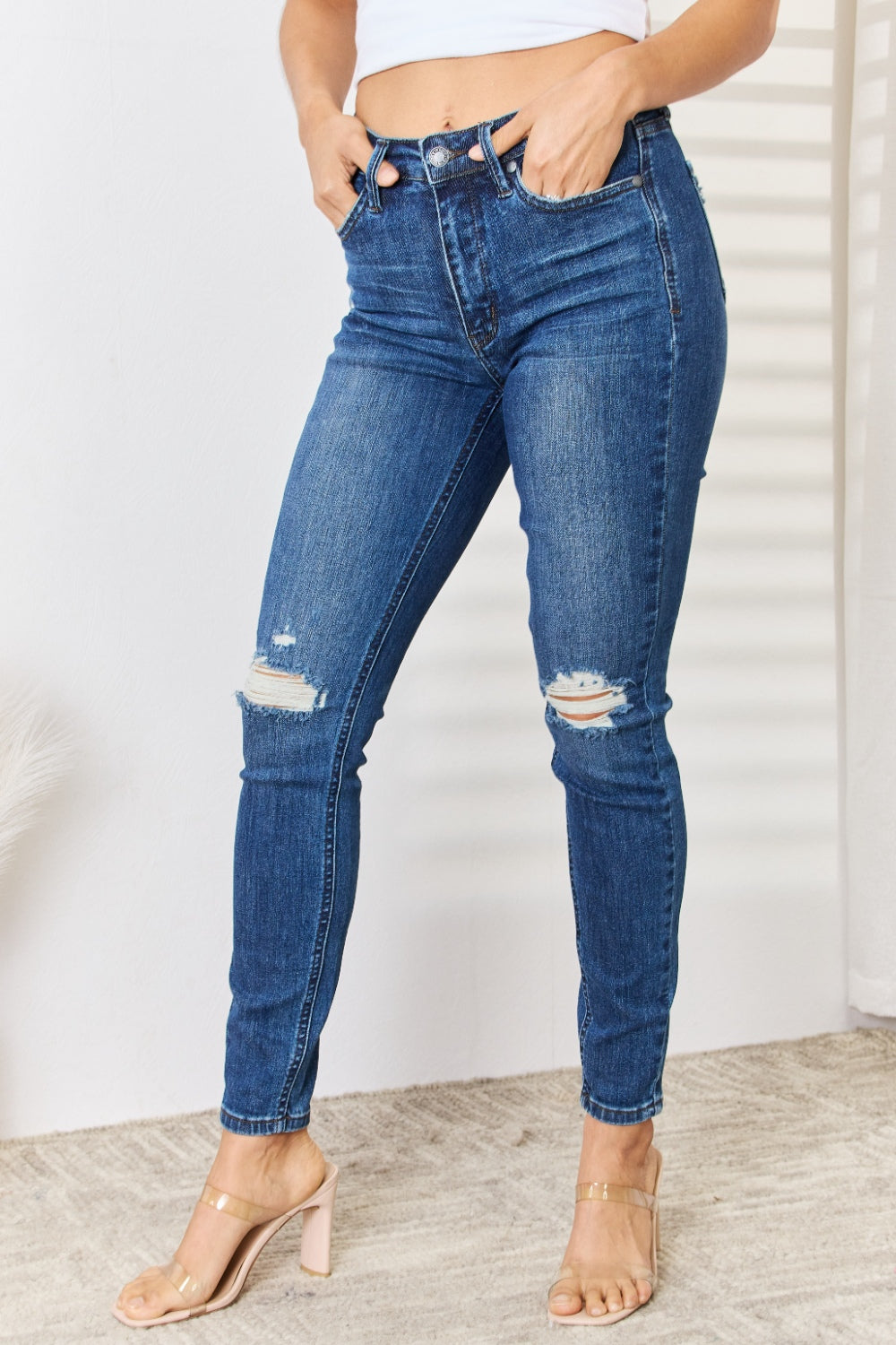 Judy Blue Full Size Mid Waist Distressed Slim Fit Trendy Look Jeans - Rosa Apparel