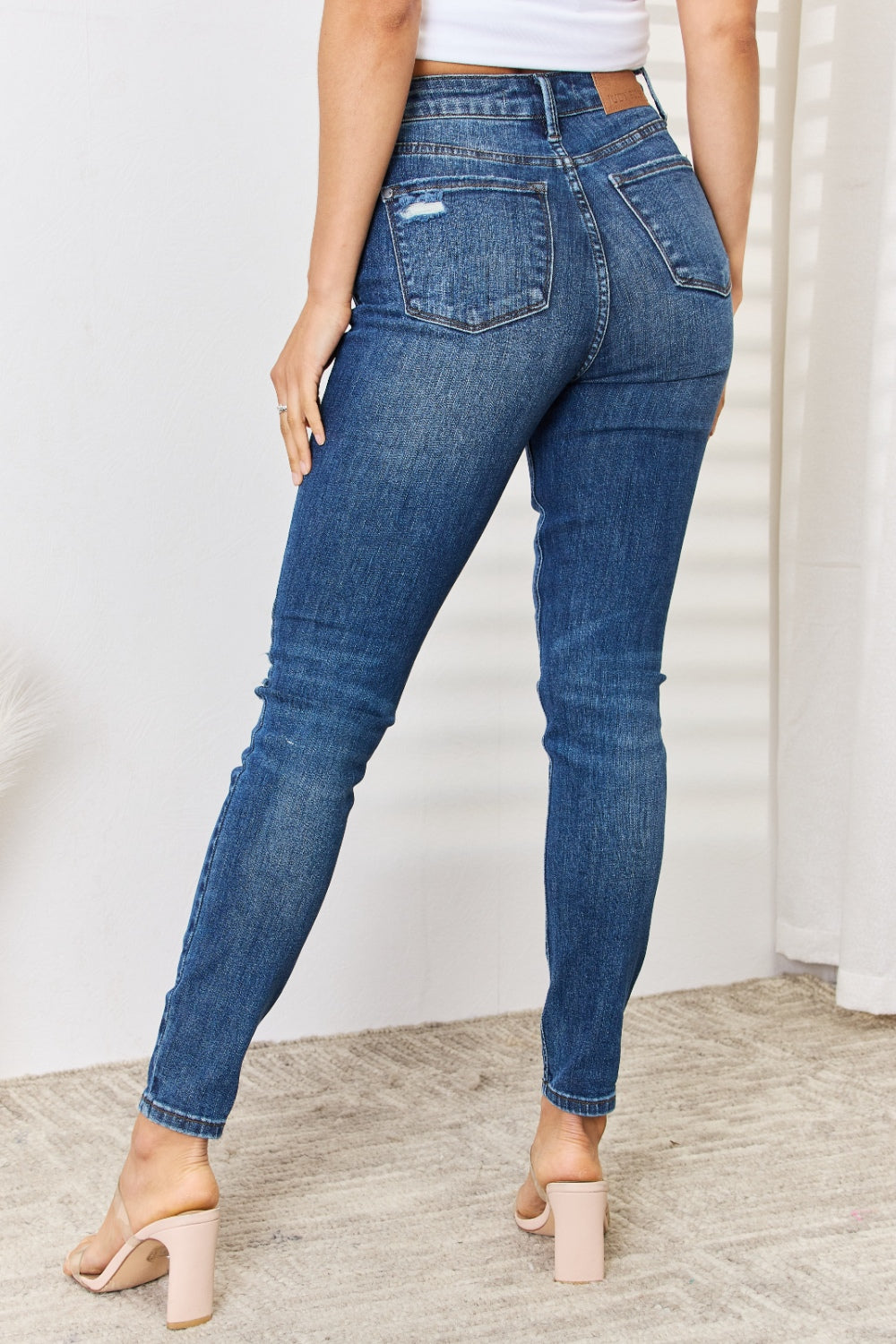 Judy Blue Full Size Mid Waist Distressed Slim Fit Trendy Look Jeans - Rosa Apparel