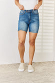 Judy Blue Full Size Tummy Control Double Button Bermuda Casual Denim Jean Shorts - Rosa Apparel