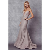 Juliet 207 Low V-neck Fitted Glitter Prom Dress - Rosa Apparel