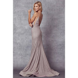 Juliet 207 Low V-neck Fitted Glitter Prom Dress - Rosa Apparel