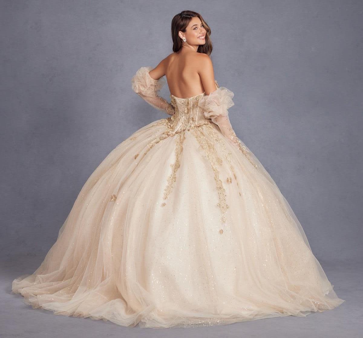 Juliet 3d flowers applique and Puff Sleeve Quinceanera Wedding Dress - Rosa Apparel