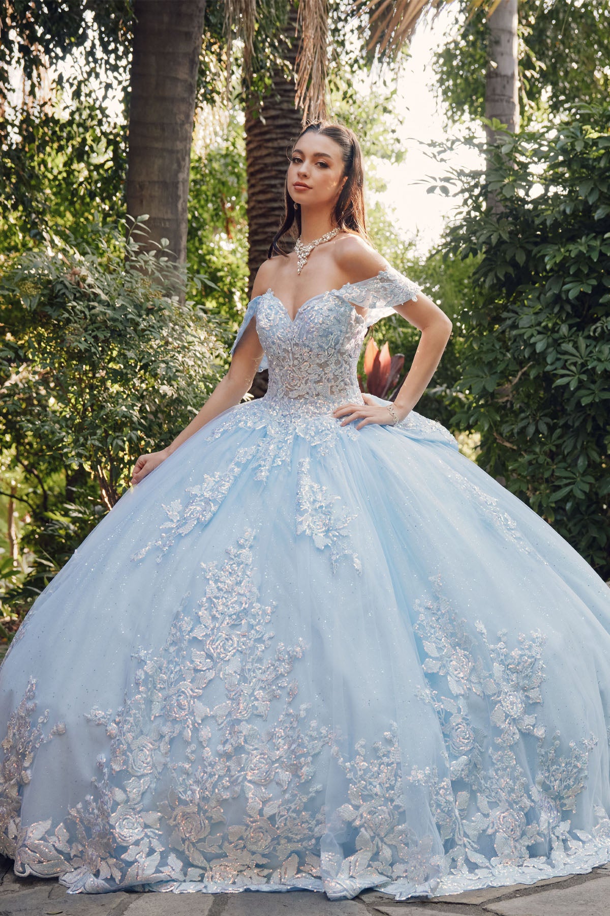 Juliet Off-The-Shoulder Embroidery Back Bow Quinceanera Ball Gown - Rosa Apparel