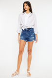 Kan Can USA High Rise Frayed Raw Hem Slightly Stretchy Denim Shorts - Rosa Apparel