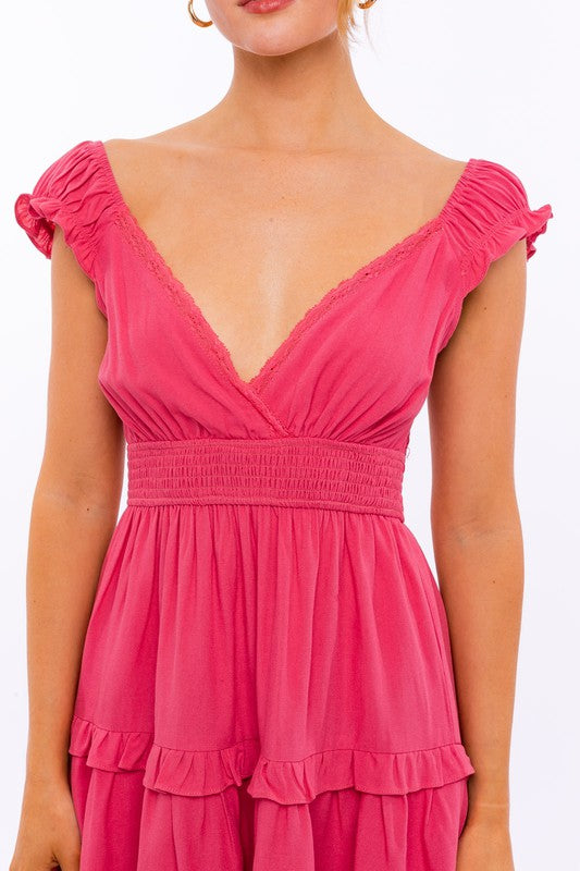 LE LIS Cap Sleeve Ruffle V-Neck Boho Pullover Mini Dress - Rosa Apparel