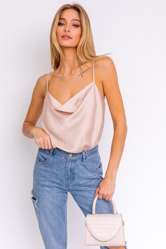 LE LIS Chic Spaghetti Strap Cowl Neck Sleeveless Bodysuit - Rosa Apparel