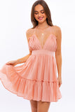 LE LIS Halter Babydoll Tiered Back Tie Boho Sleeveless V-Neck Mini Dress - Rosa Apparel