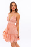 LE LIS Halter Babydoll Tiered Back Tie Boho Sleeveless V-Neck Mini Dress - Rosa Apparel