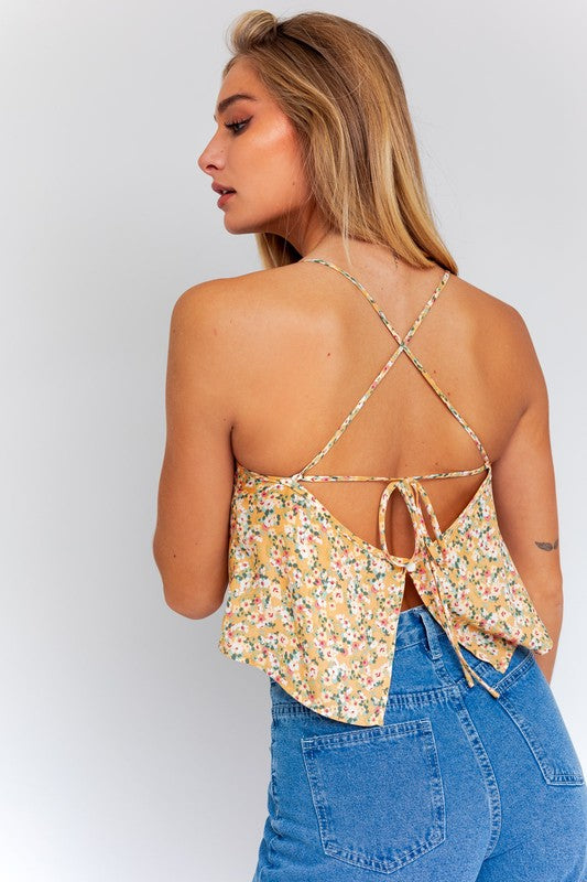 LE LIS Open Back Straight Neck Sleeveless Floral Criss-Cross Ties Cami Top - Rosa Apparel