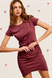 La Miel Casual Soft Ruched Round Neck Short Sleeve Mini Dress - Rosa Apparel