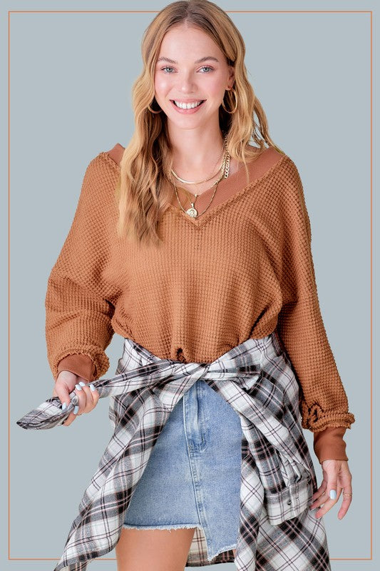 La Miel Casual Waffle Long Sleeves V-Neck Holly Top - Rosa Apparel