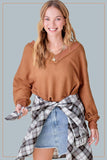 La Miel Casual Waffle Long Sleeves V-Neck Holly Top - Rosa Apparel