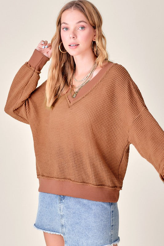 La Miel Casual Waffle Long Sleeves V-Neck Holly Top - Rosa Apparel