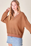 La Miel Casual Waffle Long Sleeves V-Neck Holly Top - Rosa Apparel