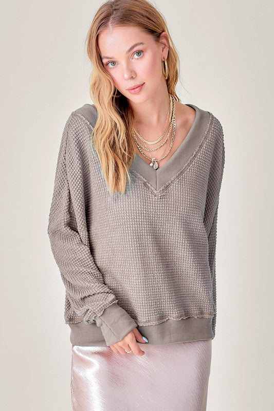 La Miel Casual Waffle Long Sleeves V-Neck Holly Top - Rosa Apparel