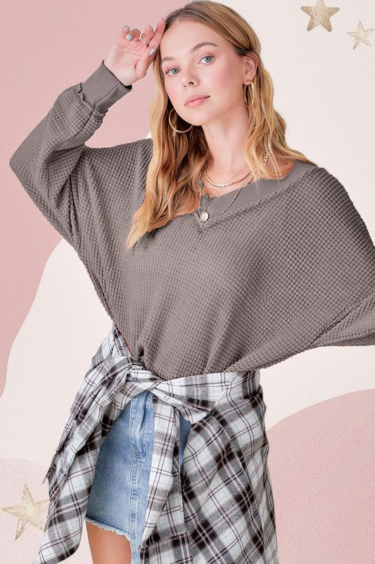 La Miel Casual Waffle Long Sleeves V-Neck Holly Top - Rosa Apparel