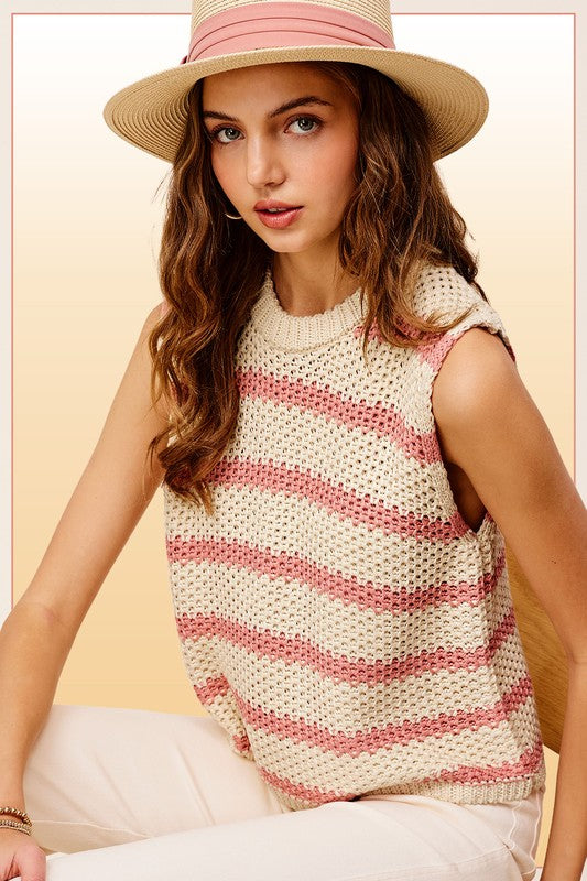 La Miel Chunky Stripe Sleeveless Round Neck Sweater Top - Rosa Apparel