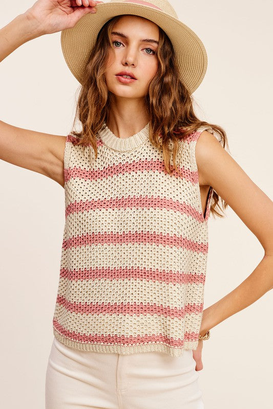 La Miel Chunky Stripe Sleeveless Round Neck Sweater Top - Rosa Apparel