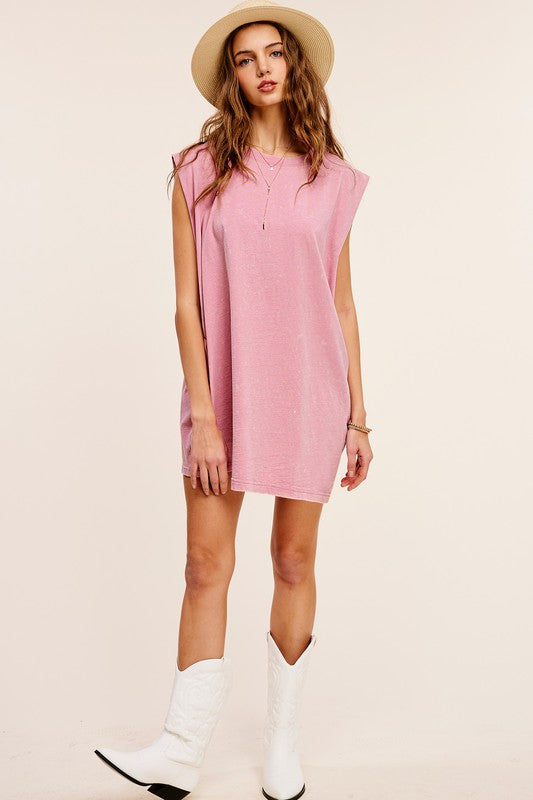 La Miel Mineral Washed Sleeveless Round Neck Loose Dress with Side Pockets - Rosa Apparel