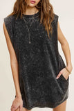 La Miel Mineral Washed Sleeveless Round Neck Loose Dress with Side Pockets - Rosa Apparel