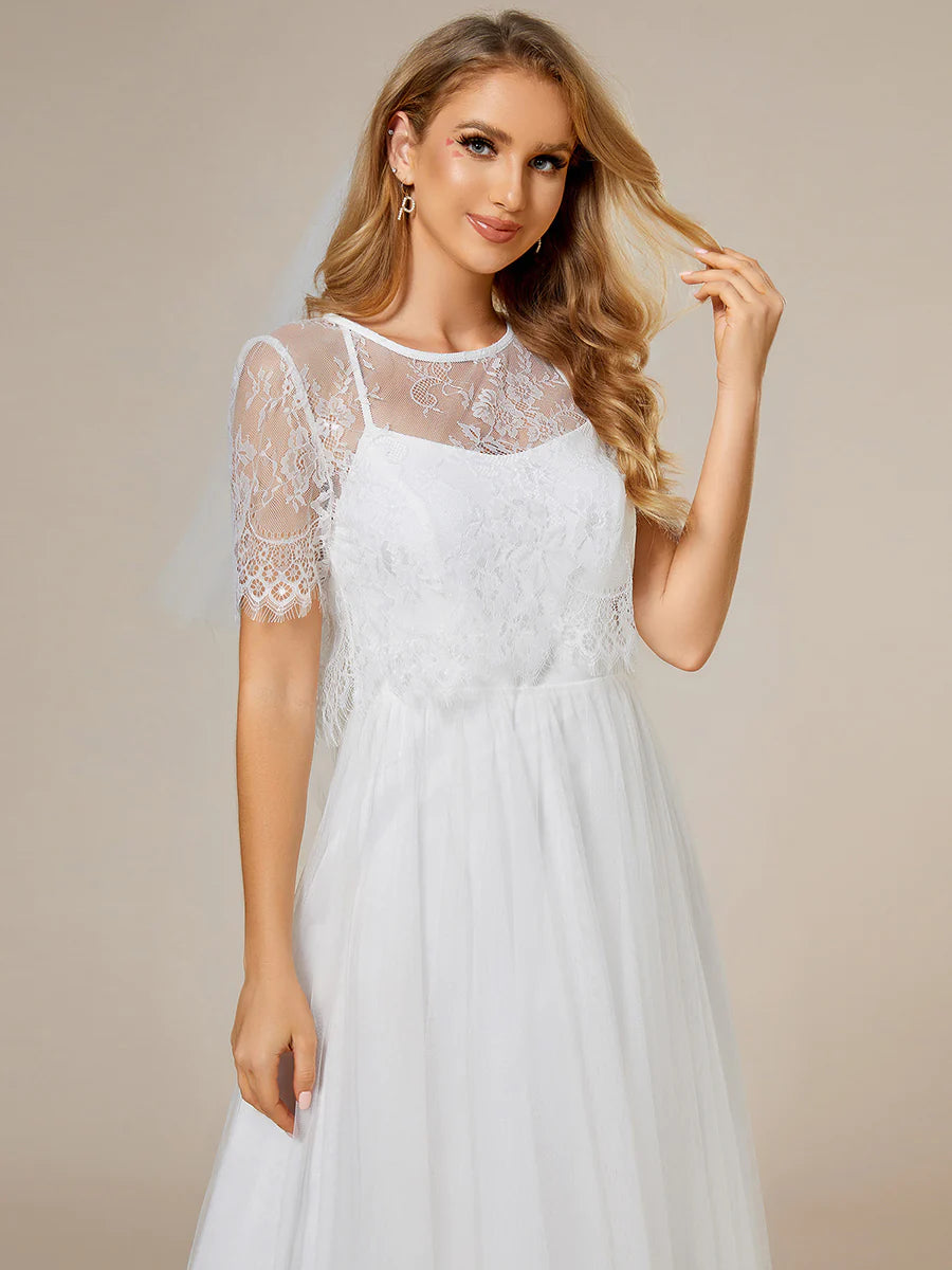 Lace Round Neck Short Sleeves Two Piece Suit Wedding Dress - Rosa Apparel