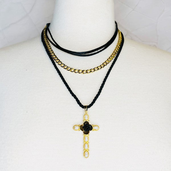 Layered Black Rose Cross Necklace - Rosa Apparel