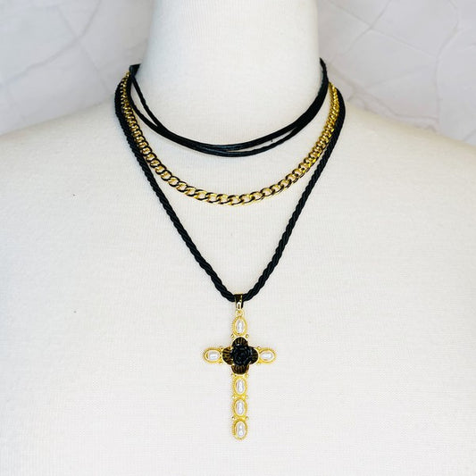 Layered Black Rose Cross Necklace - Rosa Apparel