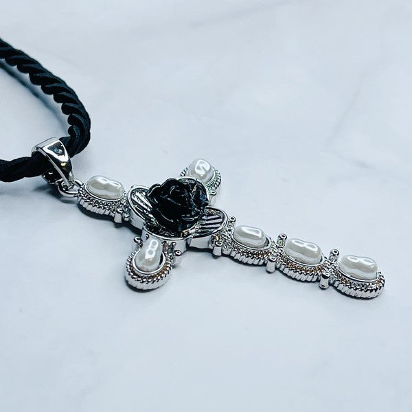 Layered Black Rose Cross Necklace - Rosa Apparel