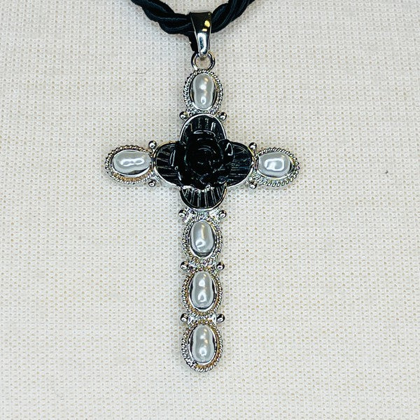 Layered Black Rose Cross Necklace - Rosa Apparel