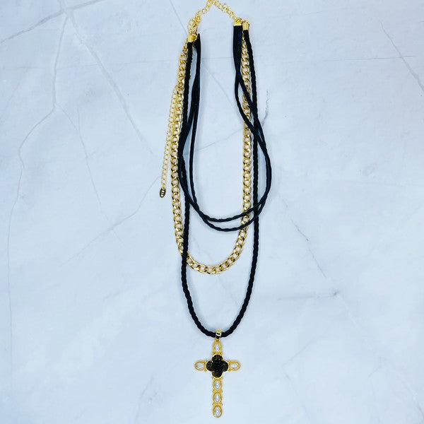 Layered Black Rose Cross Necklace - Rosa Apparel