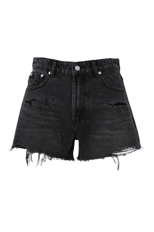 Lilou Distressed No Stretch Black Denim Shorts - Rosa Apparel