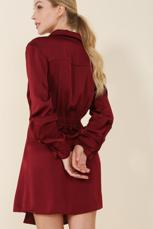 Lilou Satin Collared Wrap Side Zipper Long Sleeves Mini Dress - Rosa Apparel