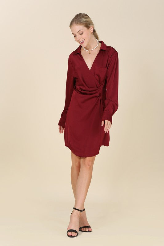 Lilou Satin Collared Wrap Side Zipper Long Sleeves Mini Dress - Rosa Apparel