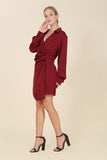 Lilou Satin Collared Wrap Side Zipper Long Sleeves Mini Dress - Rosa Apparel