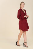 Lilou Satin Collared Wrap Side Zipper Long Sleeves Mini Dress - Rosa Apparel