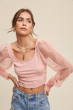 Listicle Chic Square Neck Mesh Puff Sleeve Knit Top - Rosa Apparel