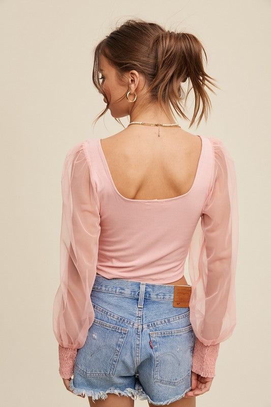 Listicle Chic Square Neck Mesh Puff Sleeve Knit Top - Rosa Apparel