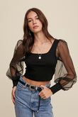 Listicle Chic Square Neck Mesh Puff Sleeve Knit Top - Rosa Apparel