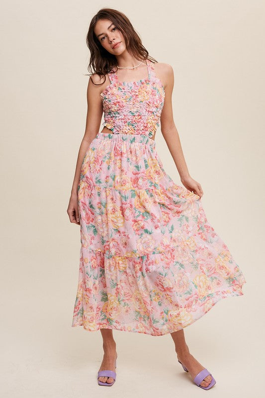 Listicle Floral Bubble Textured Two-Piece Style Sleeveless Square Neck Maxi Dress - Rosa Apparel