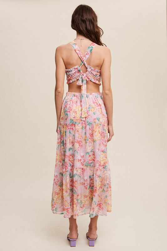 Listicle Floral Bubble Textured Two-Piece Style Sleeveless Square Neck Maxi Dress - Rosa Apparel