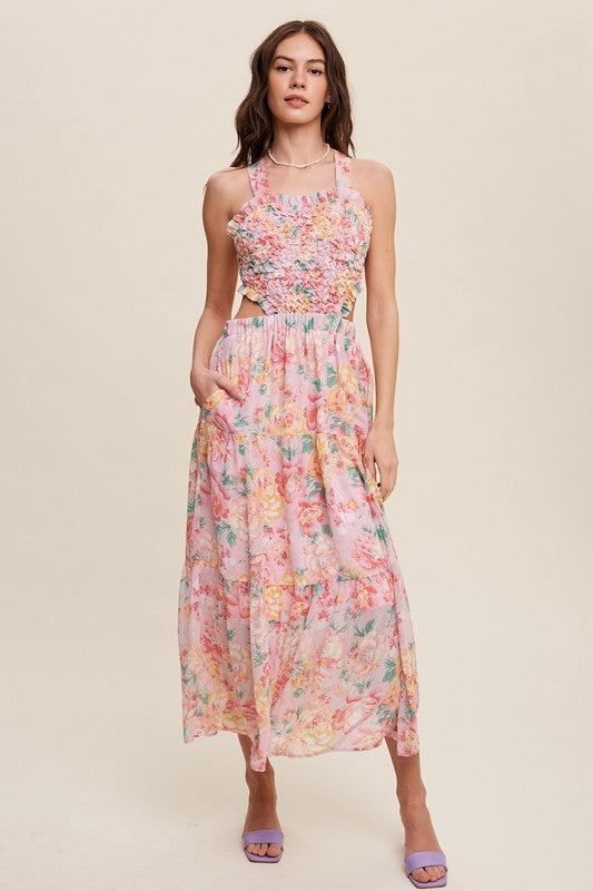 Listicle Floral Bubble Textured Two-Piece Style Sleeveless Square Neck Maxi Dress - Rosa Apparel