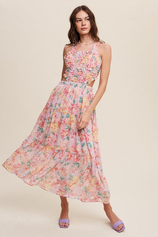 Listicle Floral Bubble Textured Two-Piece Style Sleeveless Square Neck Maxi Dress - Rosa Apparel