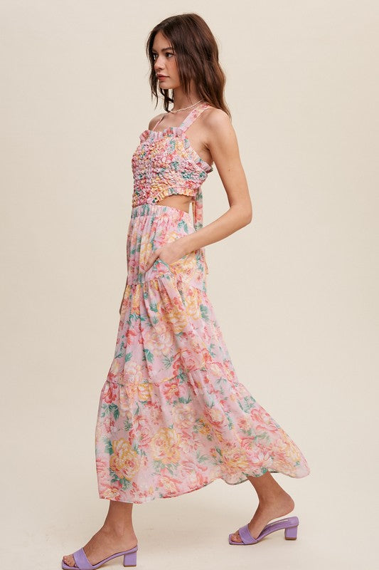 Listicle Floral Bubble Textured Two-Piece Style Sleeveless Square Neck Maxi Dress - Rosa Apparel