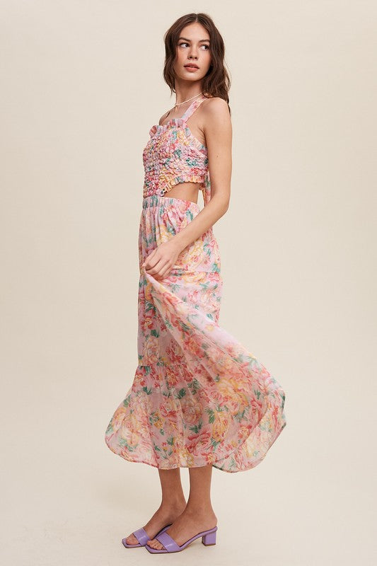 Listicle Floral Bubble Textured Two-Piece Style Sleeveless Square Neck Maxi Dress - Rosa Apparel