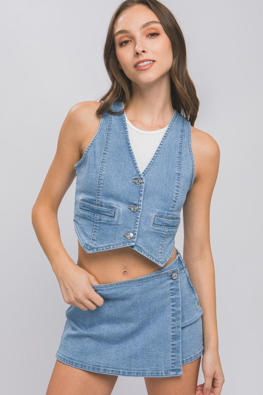 Love Tree Denim Buttoned Vest Top - Rosa Apparel