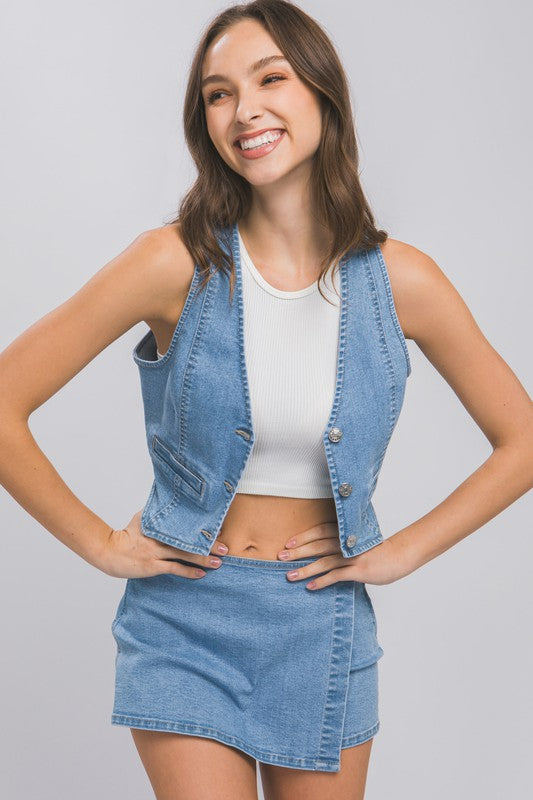 Love Tree Denim Buttoned Vest Top - Rosa Apparel