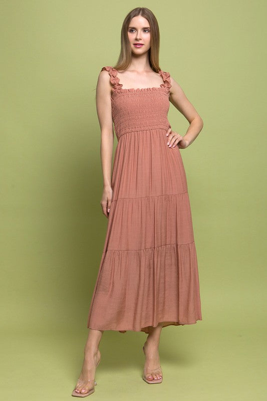 Love Tree Smocked Bodice Square Neck Sleeveless Maxi Dress - Rosa Apparel