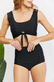 Marina West Swim Sanibel Crop Swim Top and Ruched Bottoms Set in Black - Rosa Apparel